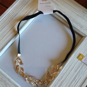 Headband gold leaves elastic black